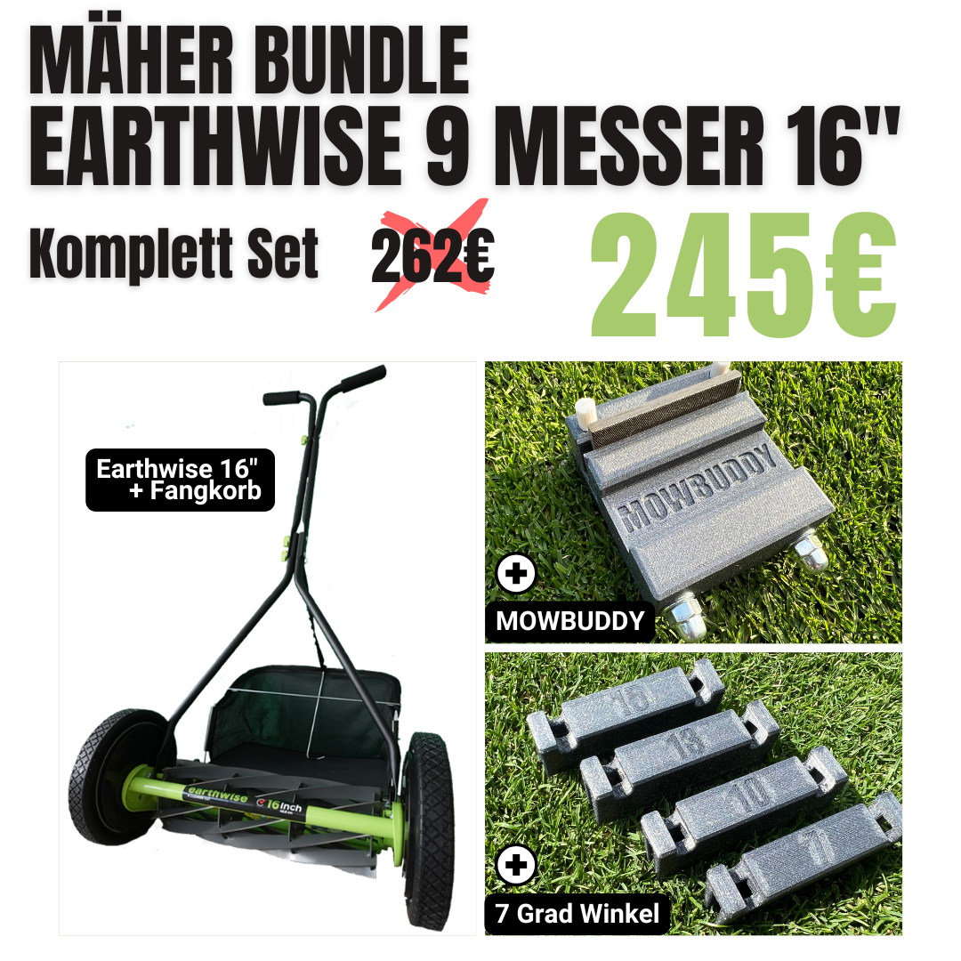 Earthwise 9 Messer und 16 Zoll Spindelmäher - Komplett Set inkl. Untermesserschleifblock und Winkeleinsatz - MOWJOBS