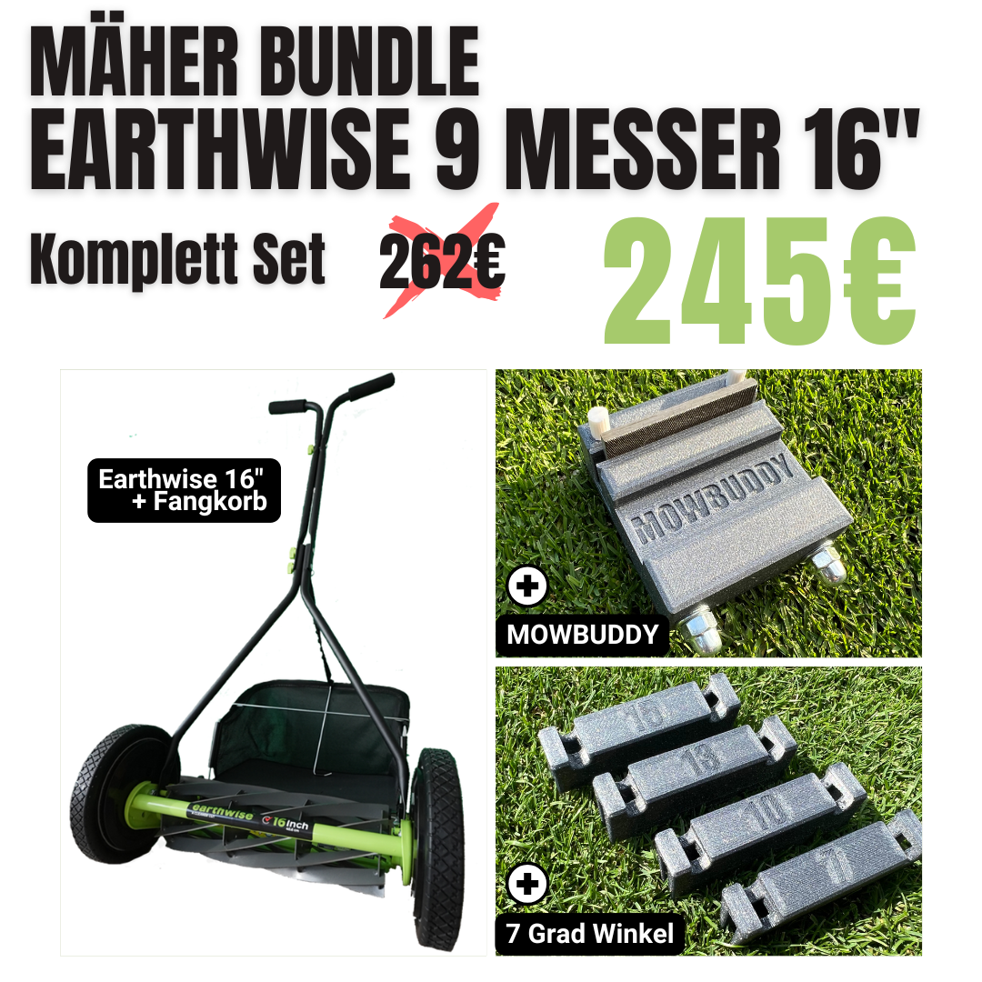 Earthwise 9 Messer und 16 Zoll Spindelmäher - Komplett Set inkl. Untermesserschleifblock und Winkeleinsatz